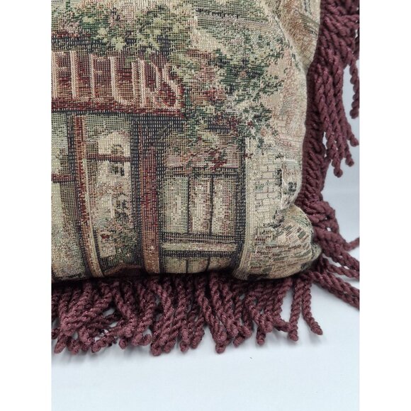 Vinatge 90s y2k Cafe De Fleurs Tapestry Throw Pillow With Burgundy Fringe - Picture 4 of 8